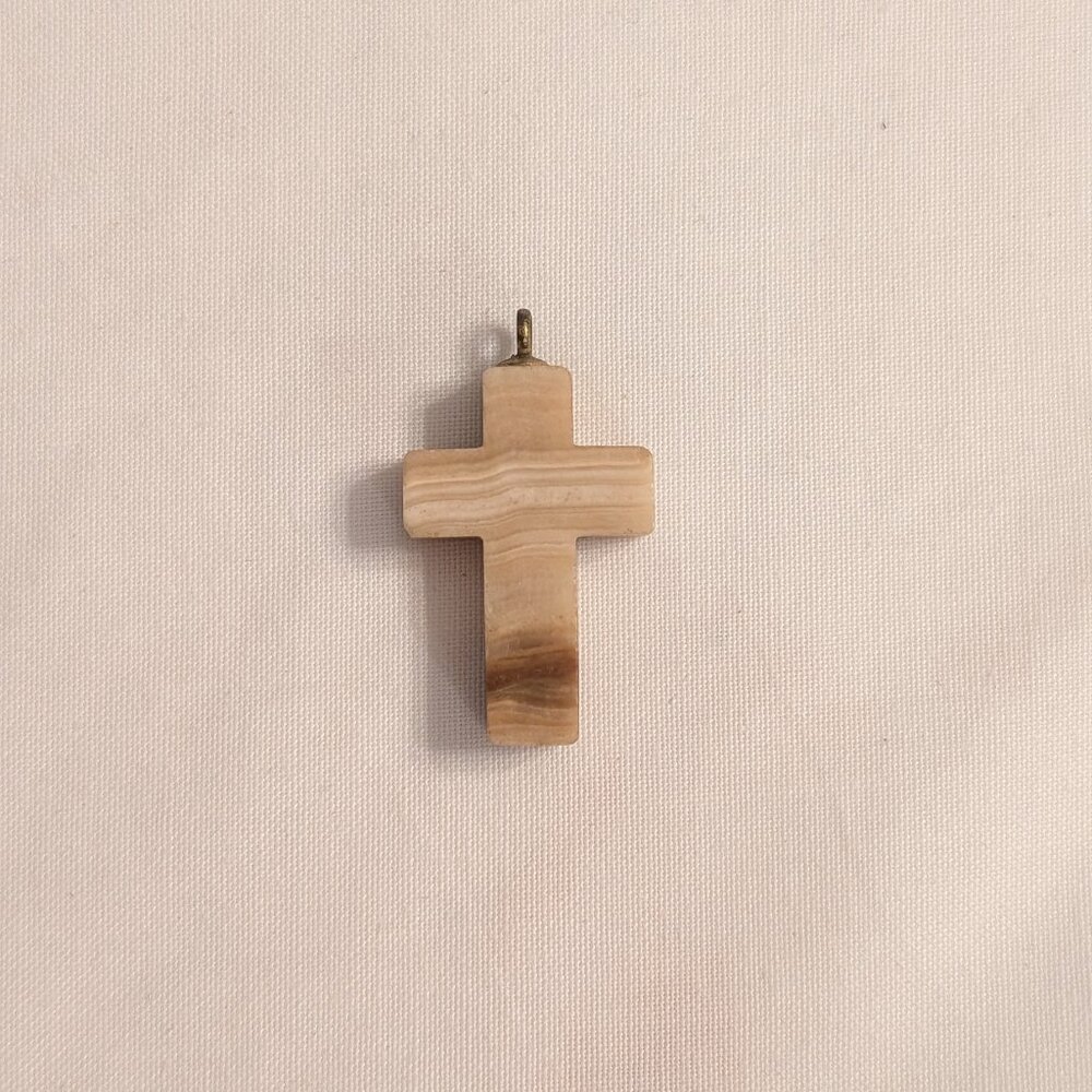 VTG Lucite Cross Pendant Necklace Wooden Look Neutral Tone 3D Christian Faith